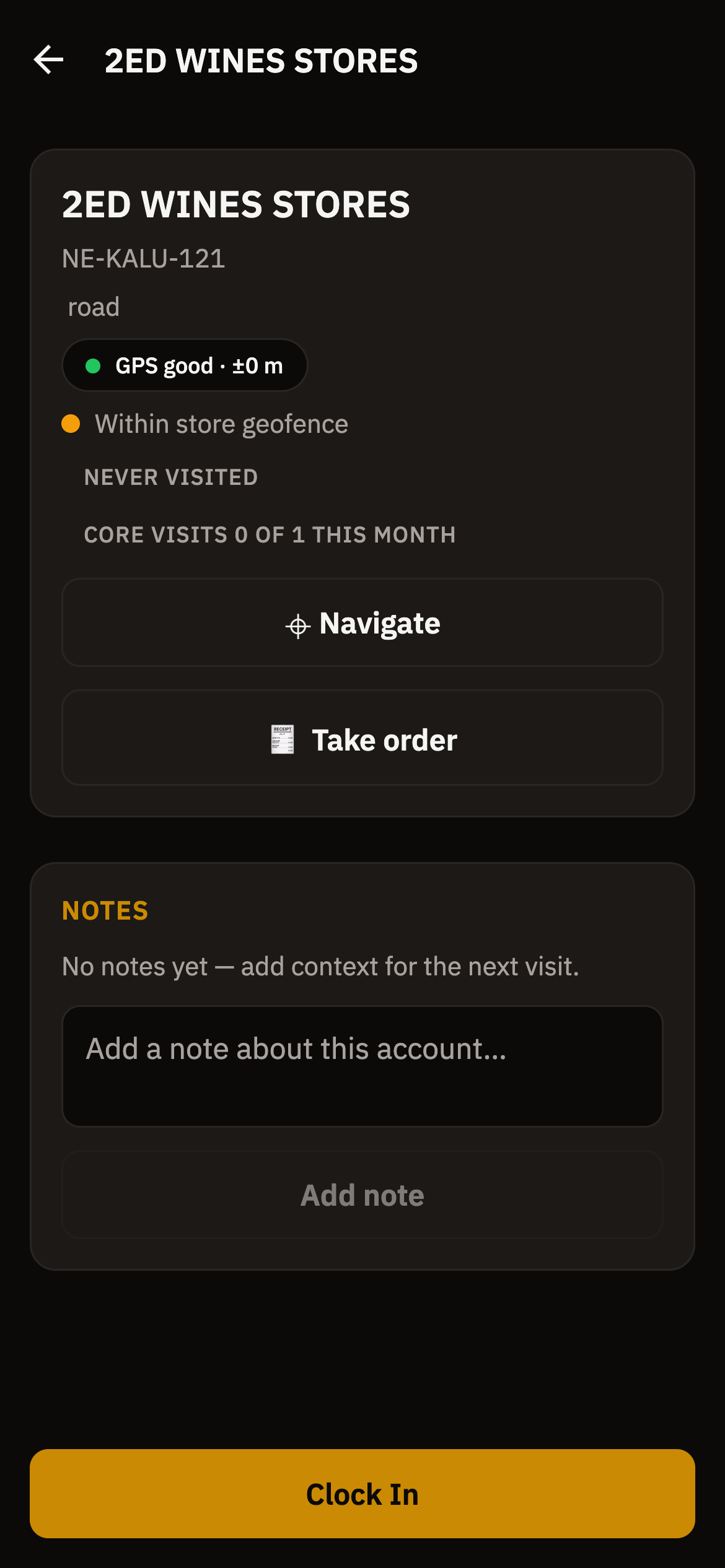 Rep app store detail with GPS verification status, navigate, take order and clock-in