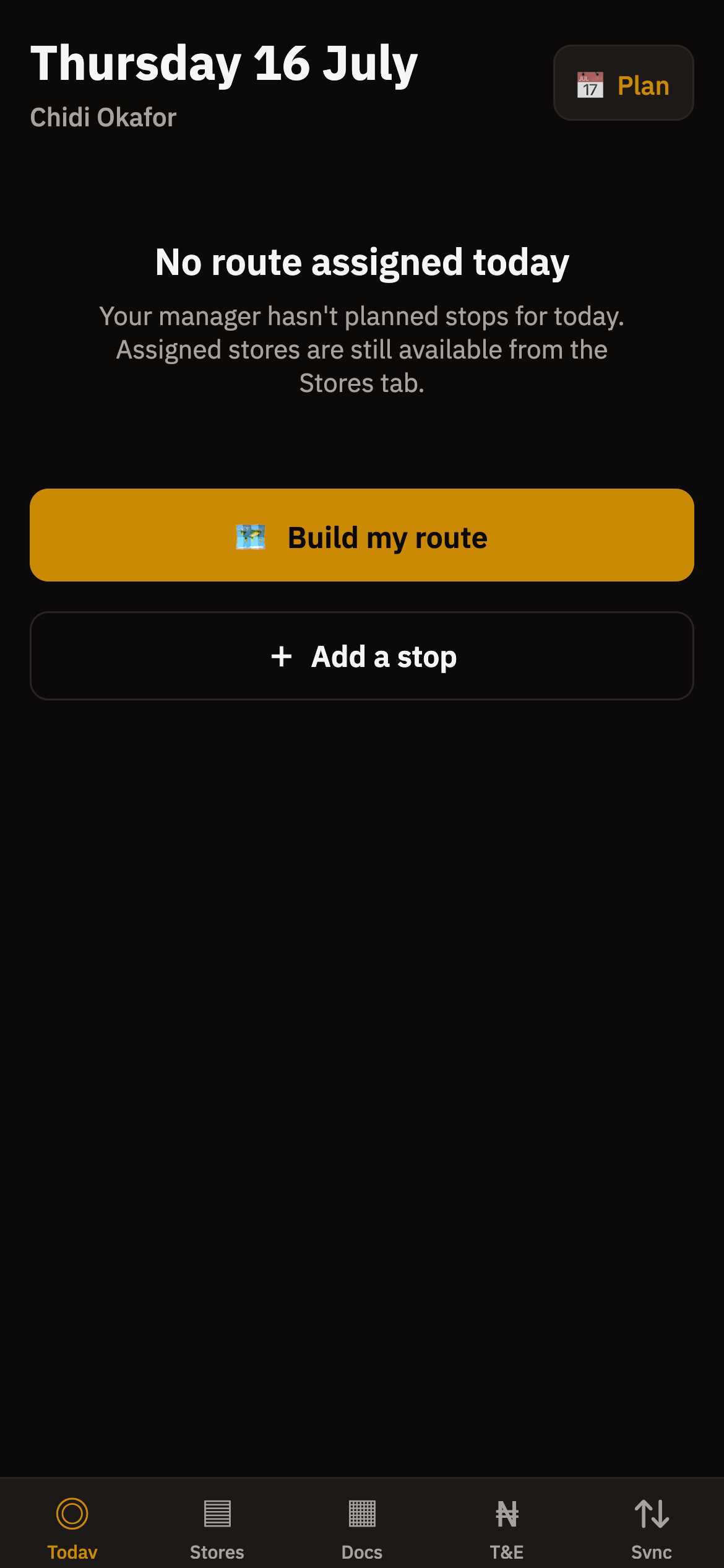 OutletIQ rep app showing today's route and assigned outlets